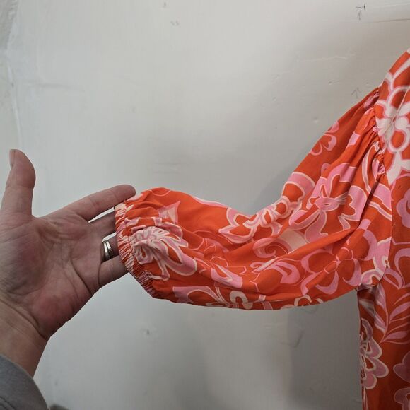 Olivaceous Popover Blouse Small Orange Pink Floral Retro 70s Inspired Pintuck - Picture 3 of 11